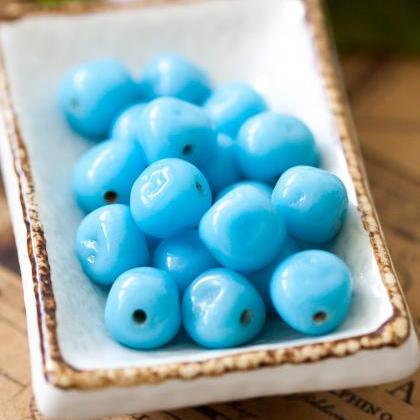 Vintage Turquoise Blue Dimpled Baroque Glass Beads